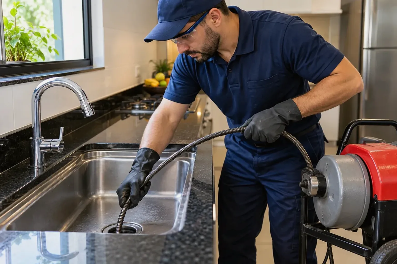 Profissional desentupindo uma pia com ferramentas de desentupimento.