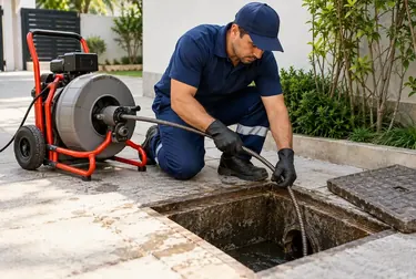 Profissional desentupindo uma tubulação de esgoto.
