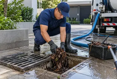 Profissional realizando limpeza de fossa séptica.