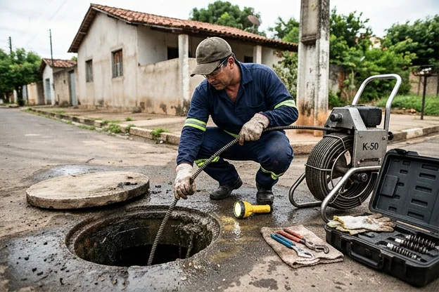 Técnico avaliando esgoto obstruído com equipamentos.
