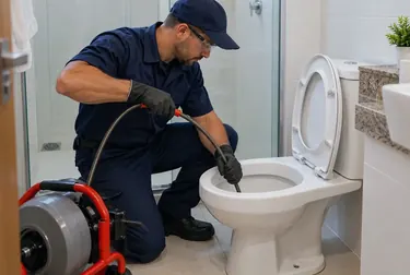 Técnico desentupindo um vaso sanitário usando ferramentas específicas.