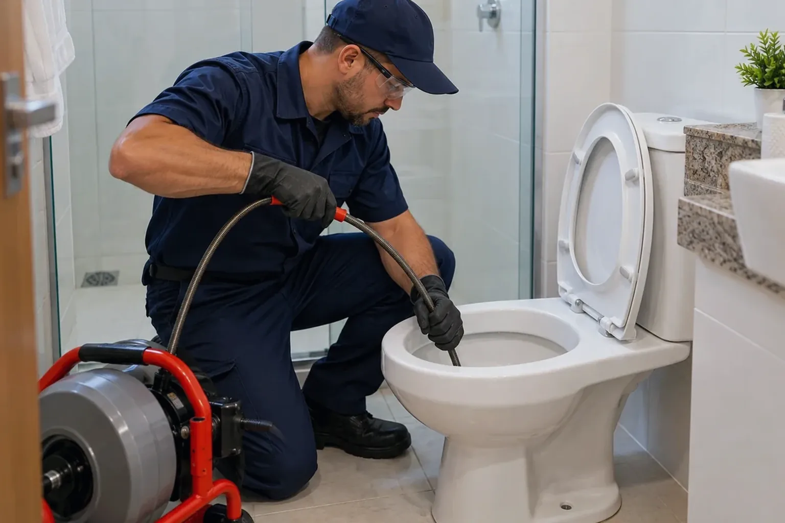 Técnico desentupindo um vaso sanitário usando ferramentas específicas.
