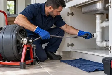Técnico limpando uma caixa de gordura.