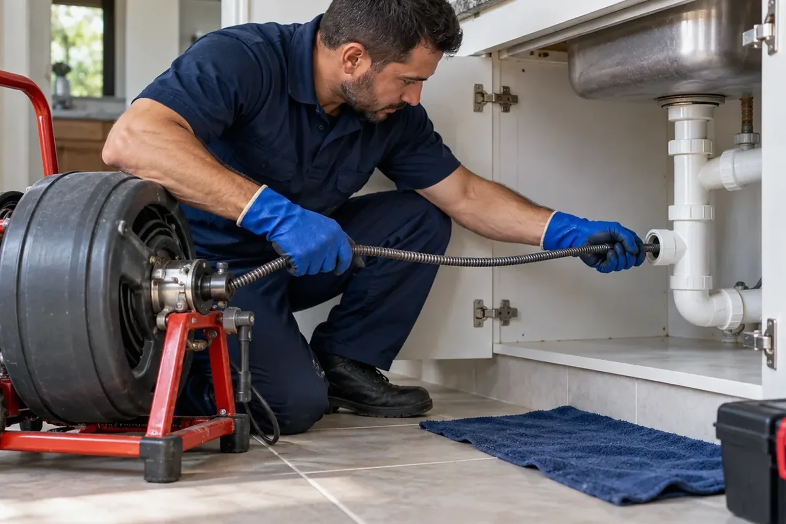 Técnico limpando uma caixa de gordura.