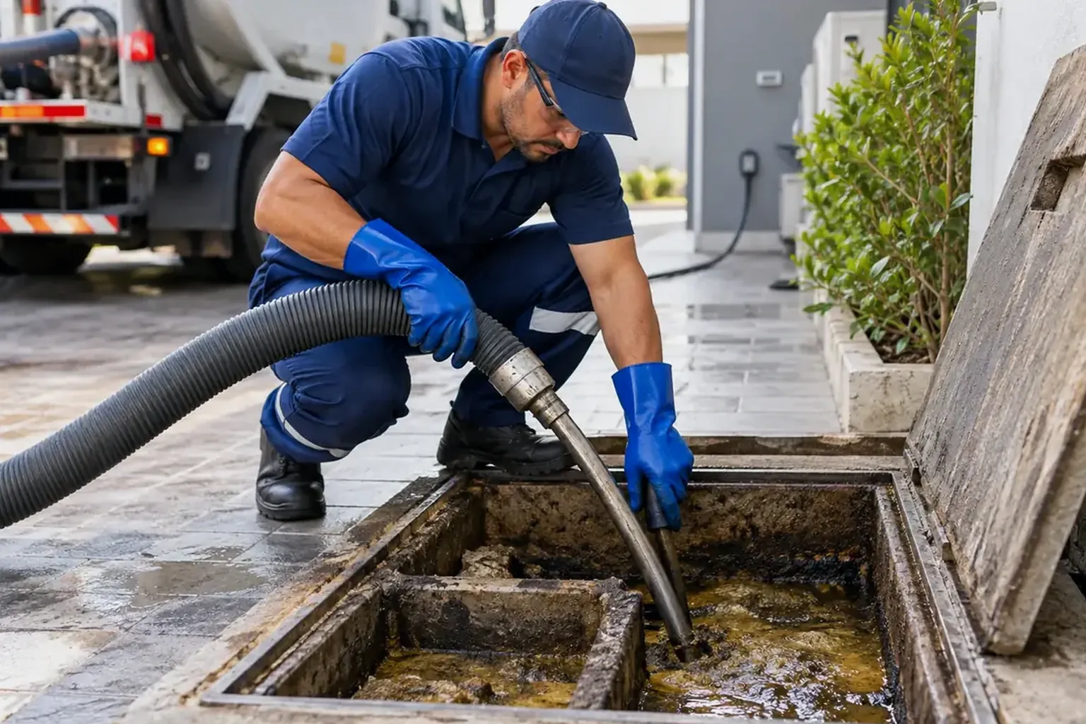 Técnico operando uma máquina de hidrojateamento.