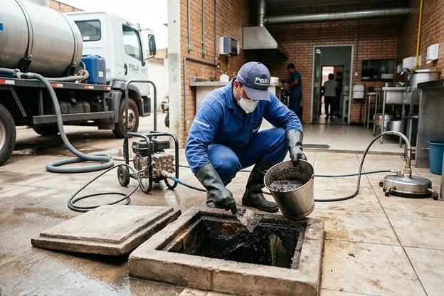 Técnico realizando limpeza de caixa de gordura.