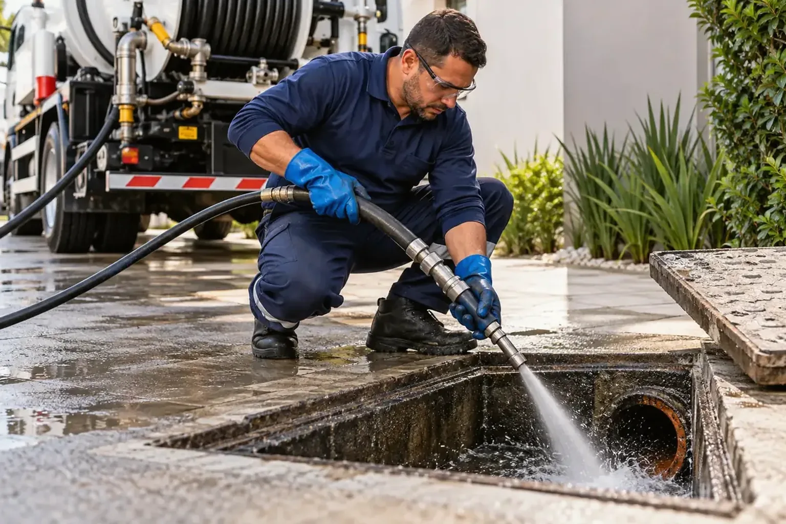 Técnico realizando manutenção preventiva em rede de esgoto.
